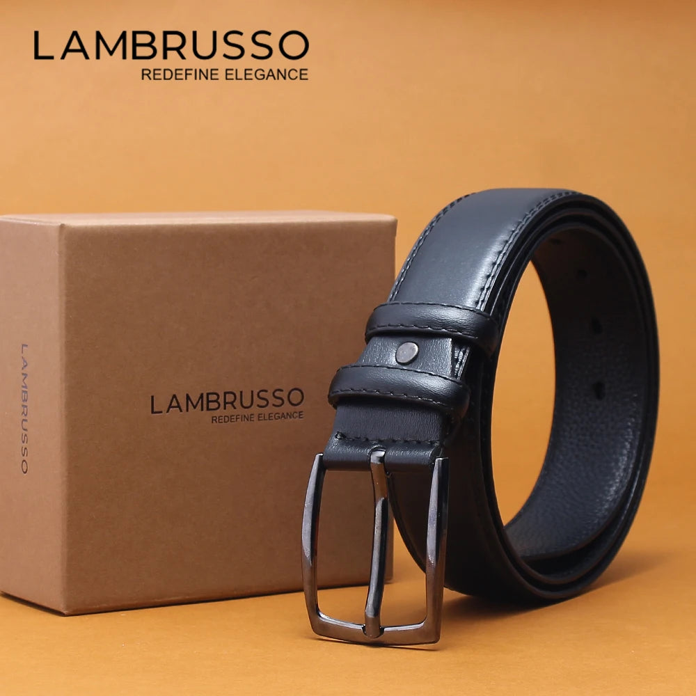 LAMBRUSSO Men‘s Belts Trendy Casual Belt Alloy Buckle Ratchet Belts Fashion High Quality Leather 125CM