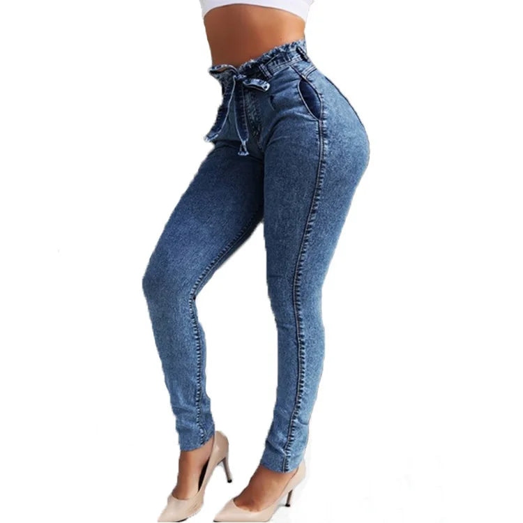 Jean Femme Taille Haute Slim Droit – Style Britannique Ceinture Frangée