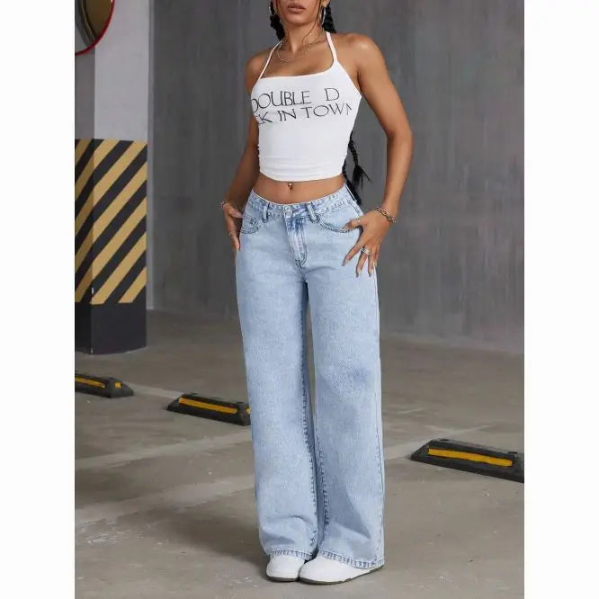 Jean Femme Taille Haute Délavé – Coupe Loose Casual Américain