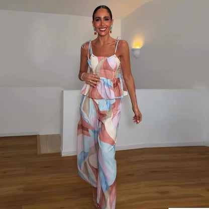 Ensemble Débardeur Imprimé Pastel & Pantalon Large Femme