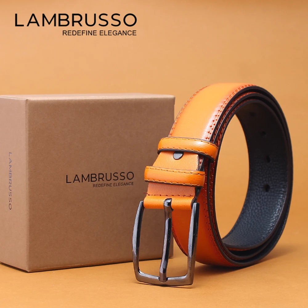 LAMBRUSSO Men‘s Belts Trendy Casual Belt Alloy Buckle Ratchet Belts Fashion High Quality Leather 125CM