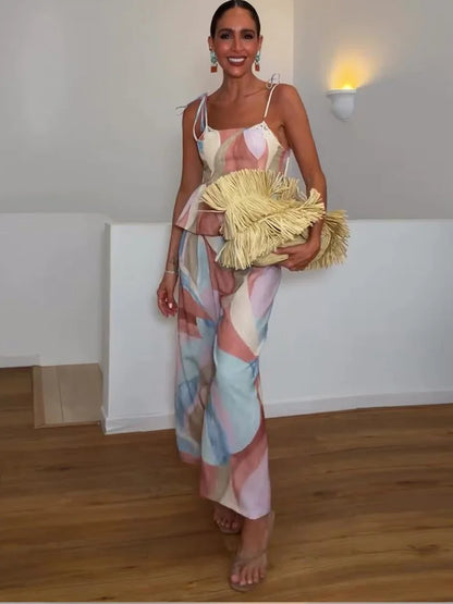 Ensemble Débardeur Imprimé Pastel & Pantalon Large Femme