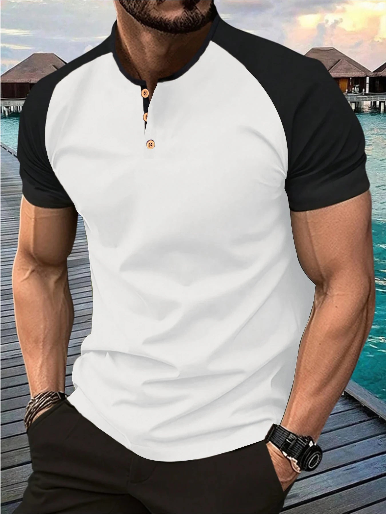 T-shirt Henley Homme Bicolore – Manches Raglan Streetwear
