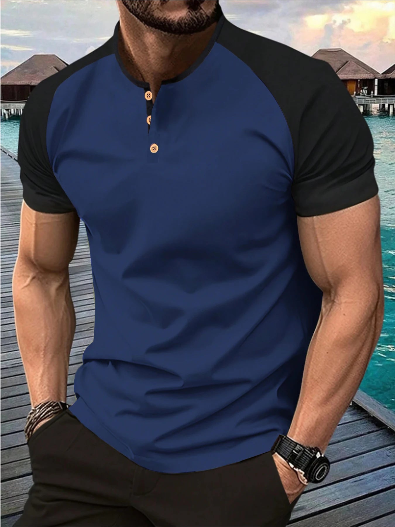 T-shirt Henley Homme Bicolore – Manches Raglan Streetwear