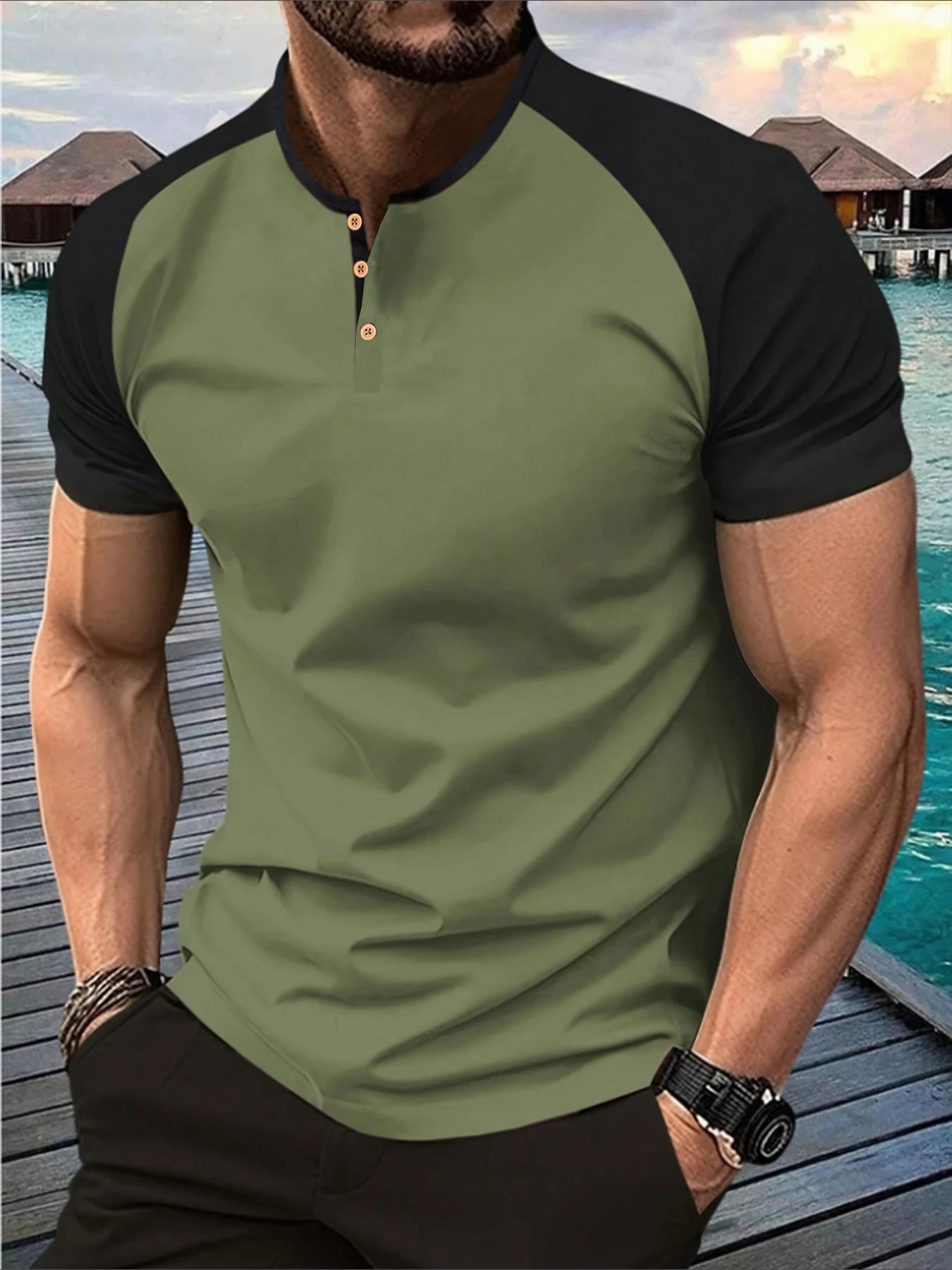 T-shirt Henley Homme Bicolore – Manches Raglan Streetwear