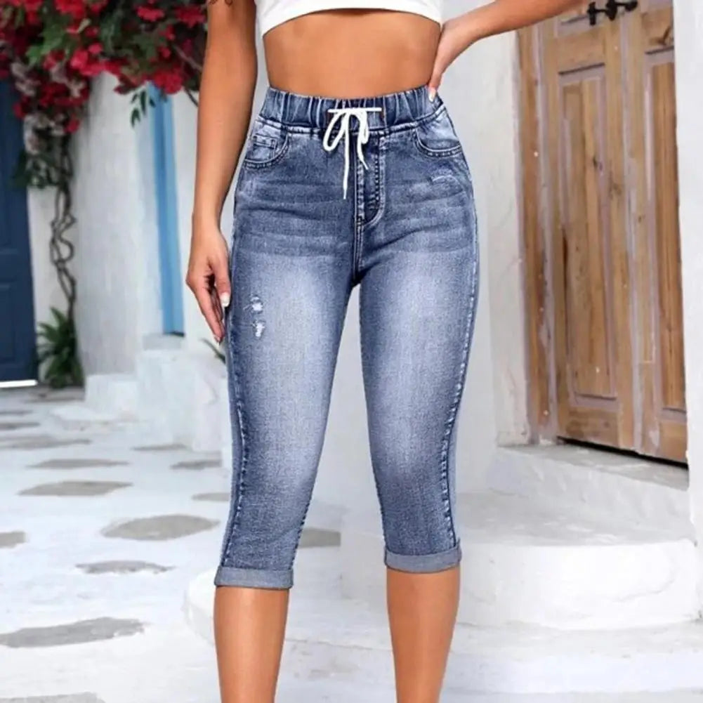 Jean Capri Femme Taille Haute Élastique – Vintage Slim Fit