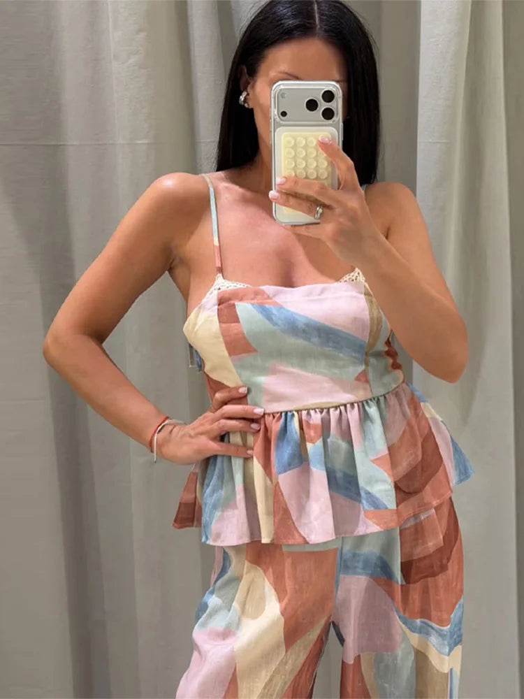 Ensemble Débardeur Imprimé Pastel & Pantalon Large Femme
