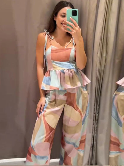 Ensemble Débardeur Imprimé Pastel & Pantalon Large Femme