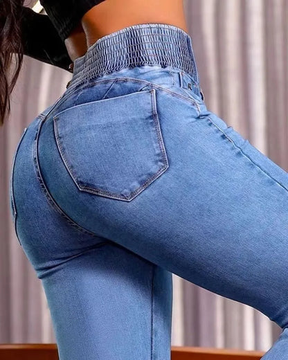 Jean Femme Flare Taille Haute – Froncé Dos Boutons Printemps