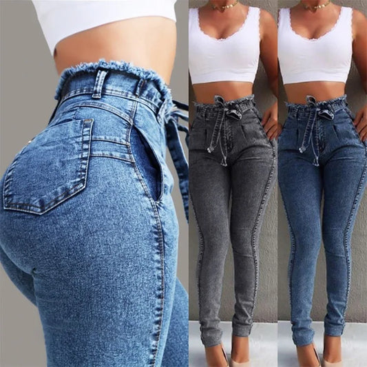 Jean Femme Taille Haute Slim Droit – Style Britannique Ceinture Frangée