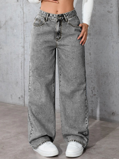 Jean Femme Taille Haute Délavé – Coupe Loose Casual Américain