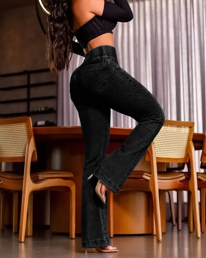 Jean Femme Flare Taille Haute – Froncé Dos Boutons Printemps