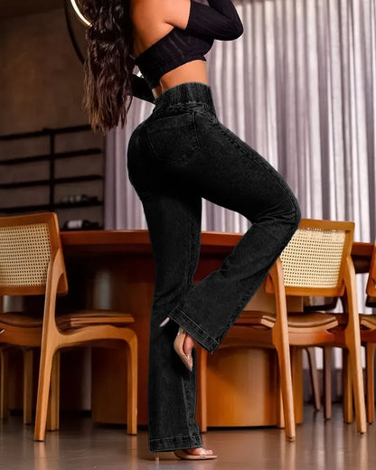 Jean Femme Flare Taille Haute – Froncé Dos Boutons Printemps