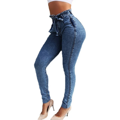 Jean Femme Taille Haute Slim Droit – Style Britannique Ceinture Frangée