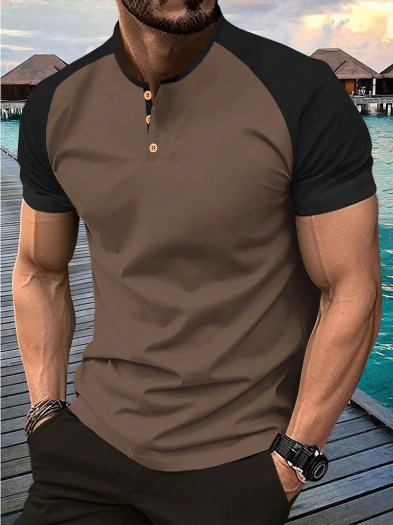 T-shirt Henley Homme Bicolore – Manches Raglan Streetwear