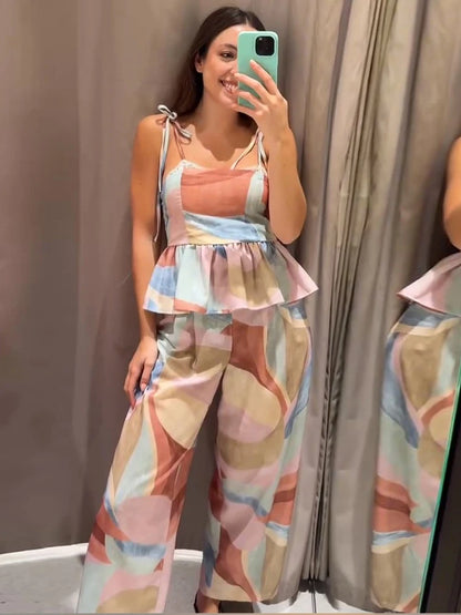 Ensemble Débardeur Imprimé Pastel & Pantalon Large Femme