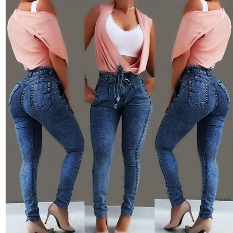 Jean Femme Taille Haute Slim Droit – Style Britannique Ceinture Frangée
