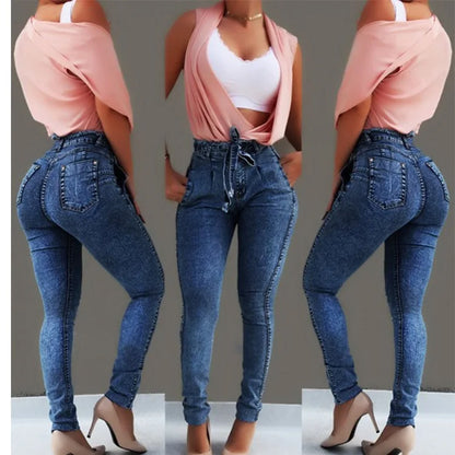 Jean Femme Taille Haute Slim Droit – Style Britannique Ceinture Frangée