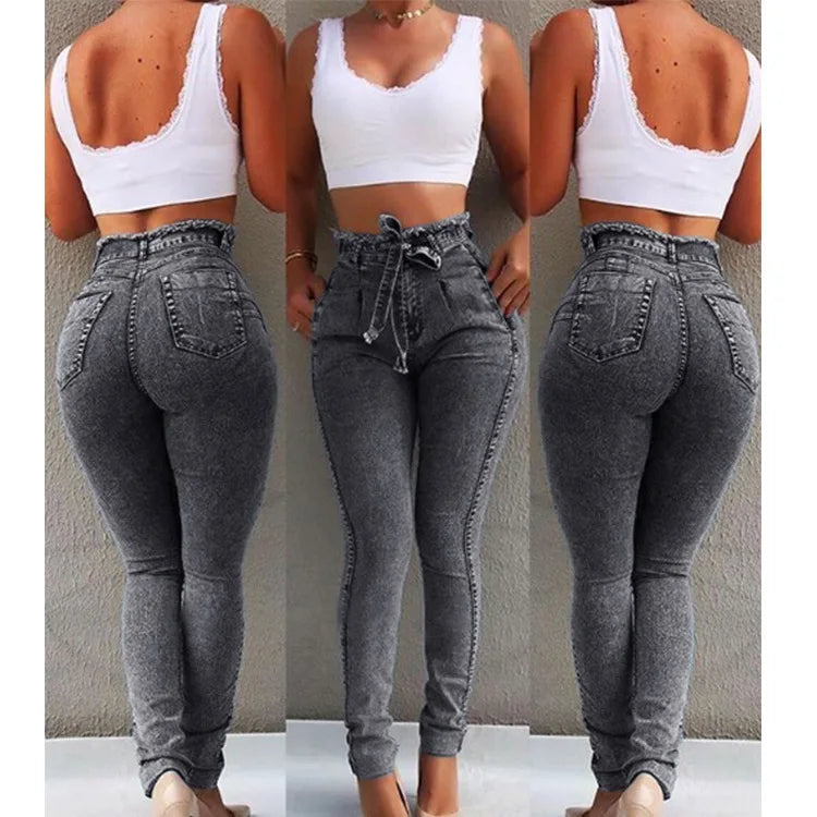 Jean Femme Taille Haute Slim Droit – Style Britannique Ceinture Frangée