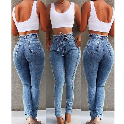 Jean Femme Taille Haute Slim Droit – Style Britannique Ceinture Frangée