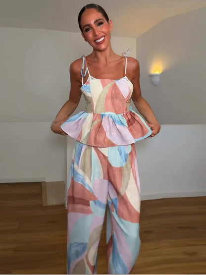 Ensemble Débardeur Imprimé Pastel & Pantalon Large Femme