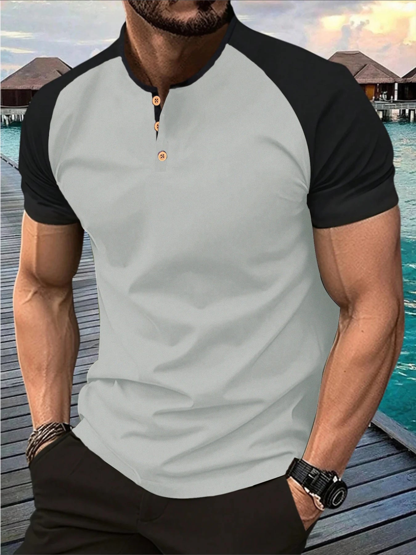 T-shirt Henley Homme Bicolore – Manches Raglan Streetwear
