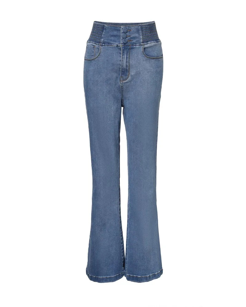 Jean Femme Flare Taille Haute – Froncé Dos Boutons Printemps