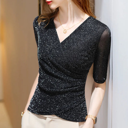 Chemisier Paillettes Femme Col V
