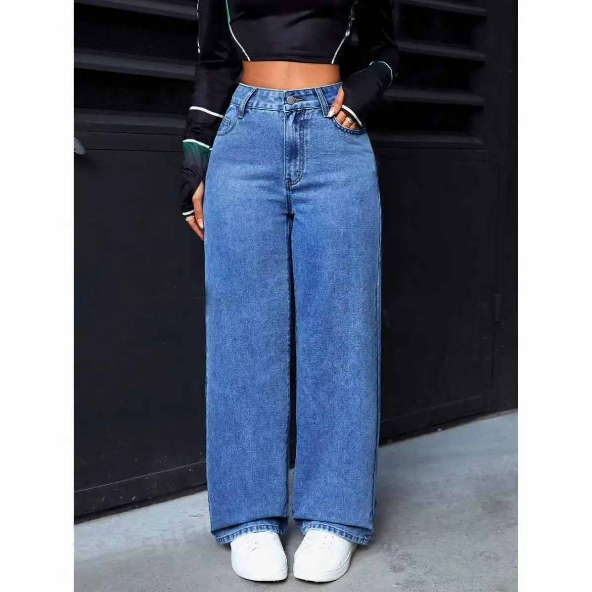 Jean Femme Taille Haute Délavé – Coupe Loose Casual Américain